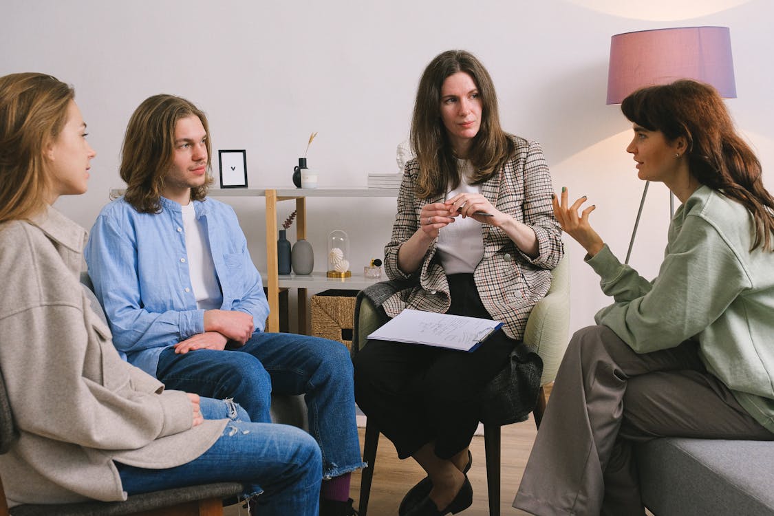 Split image showing both group and individual therapy sessions