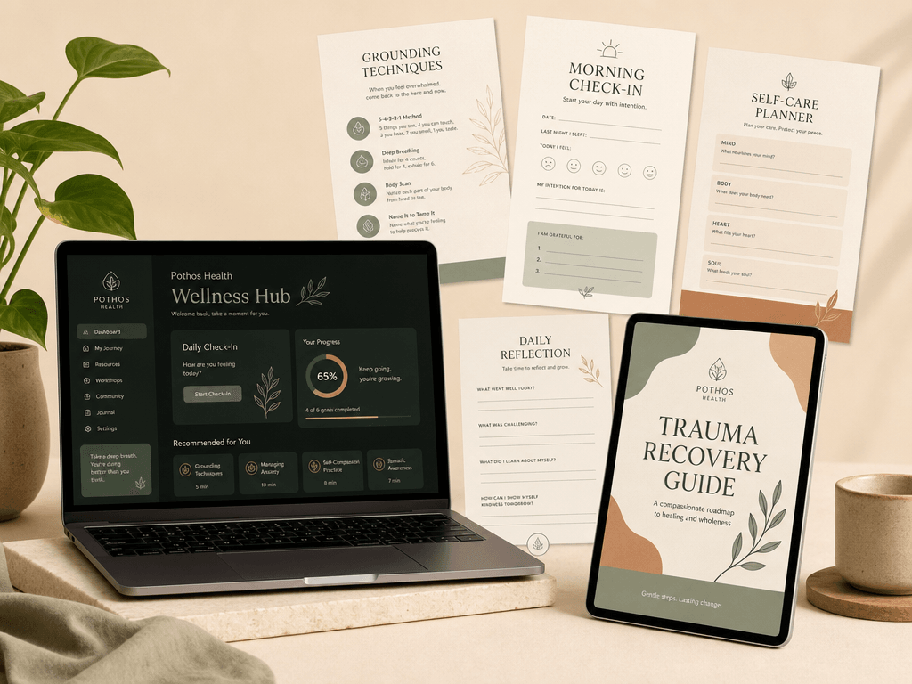 Pothos Health Wellness Hub mockup showing free mental health resources, worksheets, and a trauma recovery guide on laptop and tablet screens