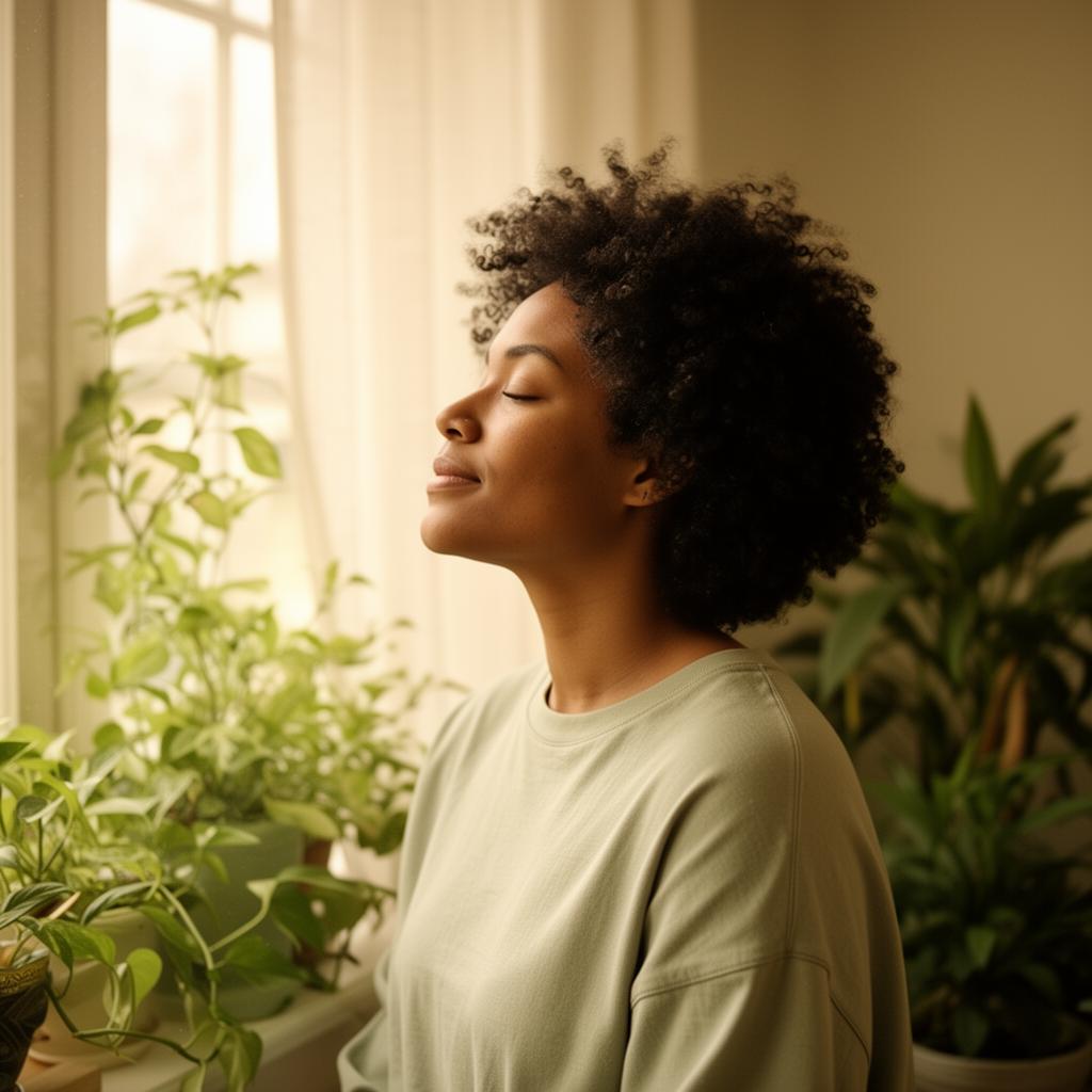 A calm person resting by a window with plants